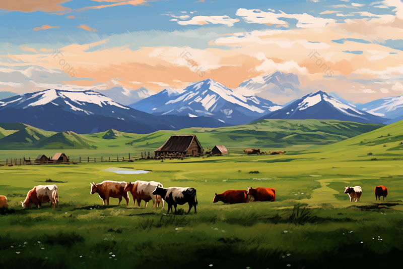 壮阔壮丽大草原高山房屋牛羊成群,插画/手绘图,插画/手绘图库,插画/手绘图下载,插画/手绘